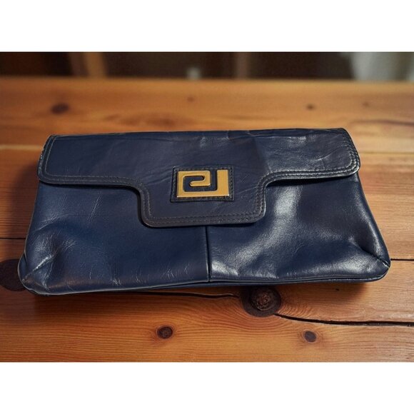 Vintage Navy Blue Leather Contessa Clutch Bag Purse 12x7 - Picture 1 of 9